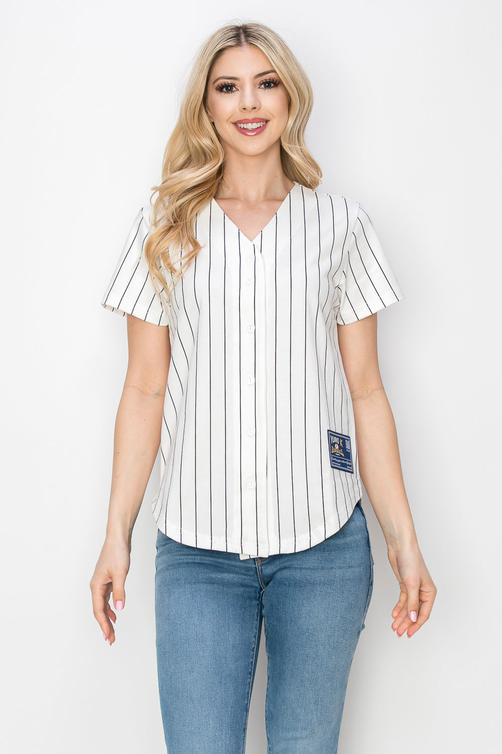 Women's Cotton White Baseball Jersey with Pinstripes