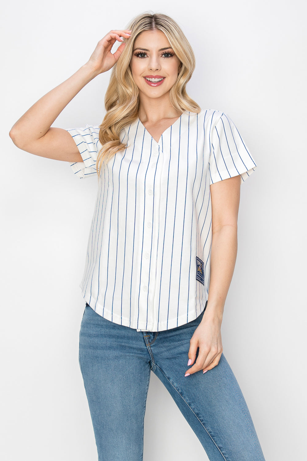 Women's Cotton White Baseball Jersey with Pinstripes