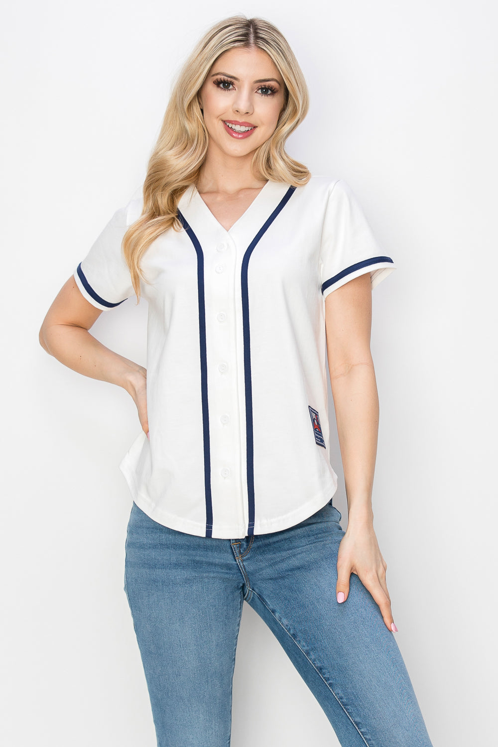 Women's Cotton White Color Baseball Jersey With Piping