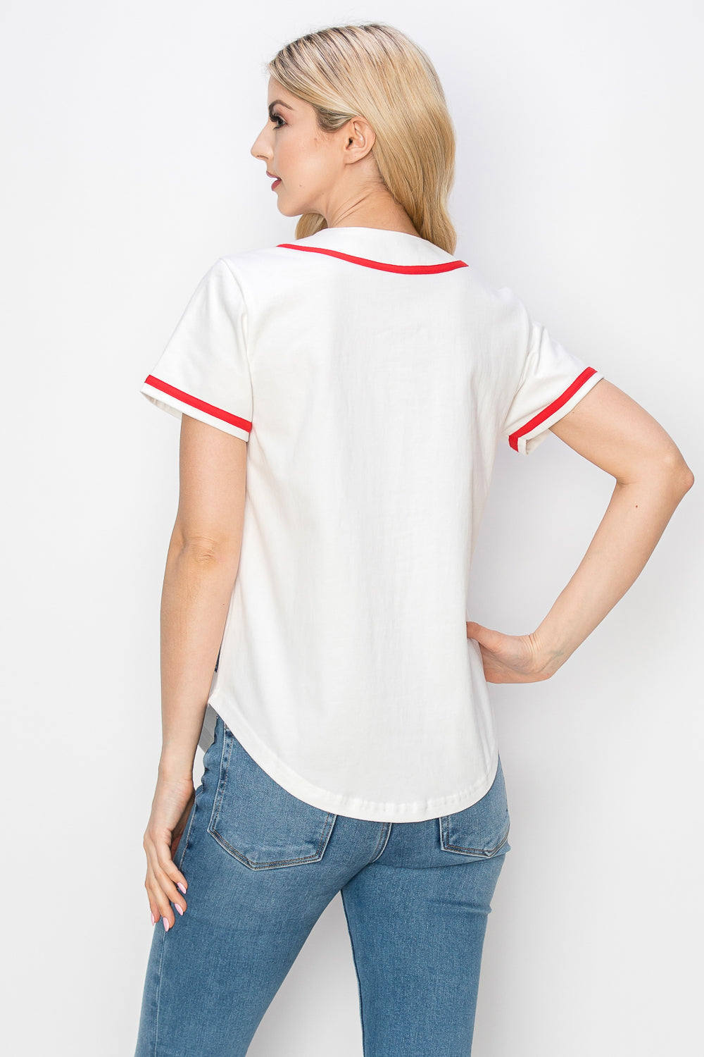 Women's Cotton White Color Baseball Jersey With Piping