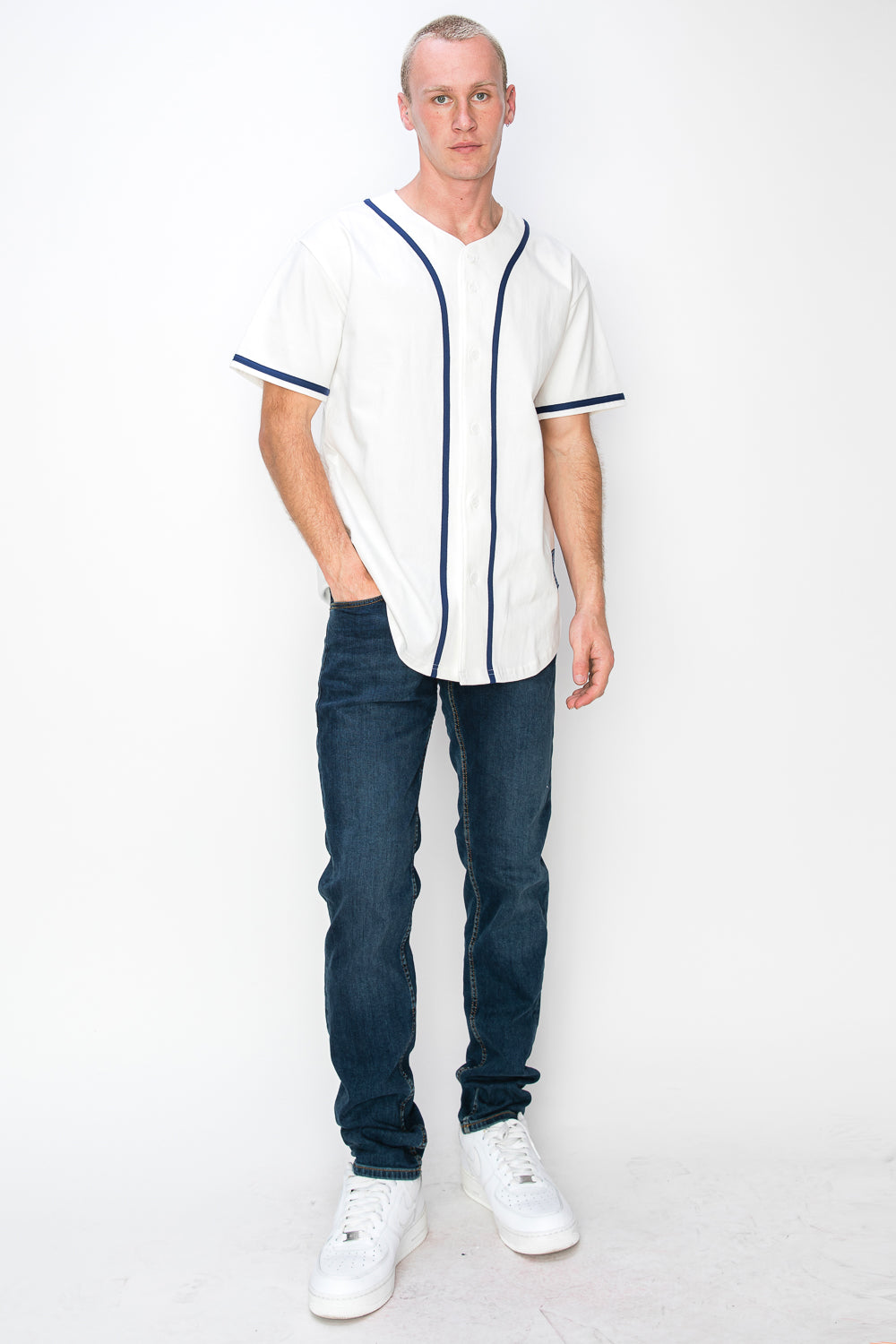 Men's Cotton White Color Baseball Jersey With Piping