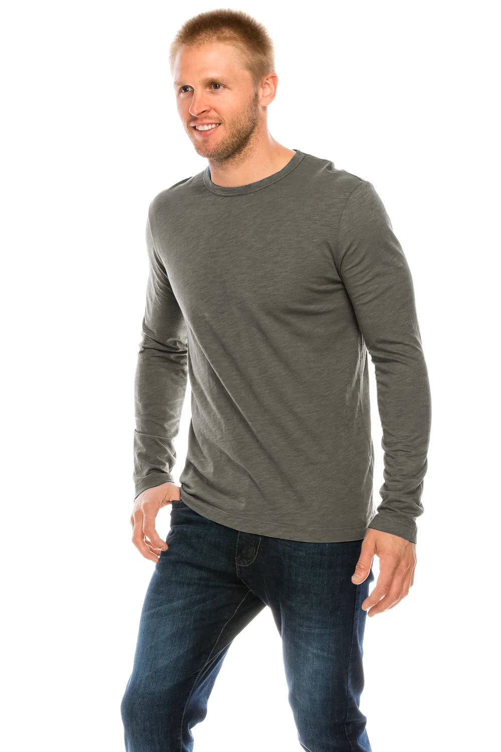 Garment-Dyed Slub Cotton Long Sleeve Crew Neck T-Shirt